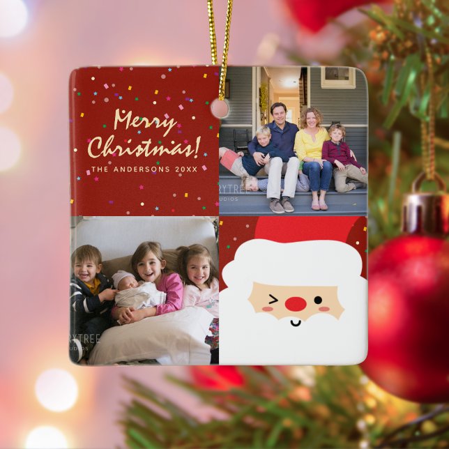 Foton för jultomten och familjen Rustic Red & Guld Julgransprydnad Keramik (Skapare uppladdad)