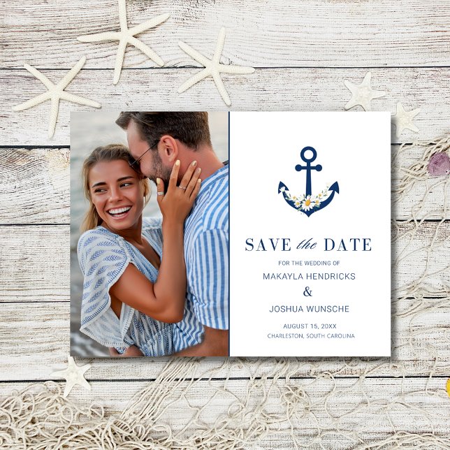 Foton för Nautisk beach-bröllopsfoto Spara datum Meddelande Vykort (Nautical Beach Wedding Photo Save the Date)