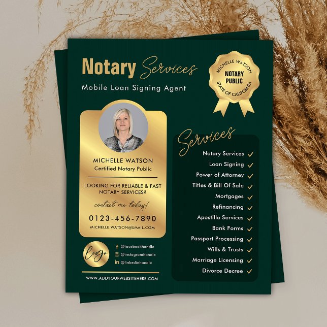 Foton för notarie Loan Signing Agent Grönt & Guld  Flygblad (Modern green and gold notary public marketing flyer with your custom photo and logo)