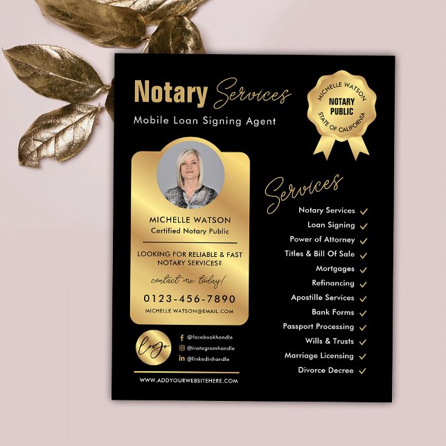 Foton för notary Loan Signing Agent Black & Guld L Flygblad (Modern black and gold loan signing agent / attorney marketing flyer with your custom photo and logo)