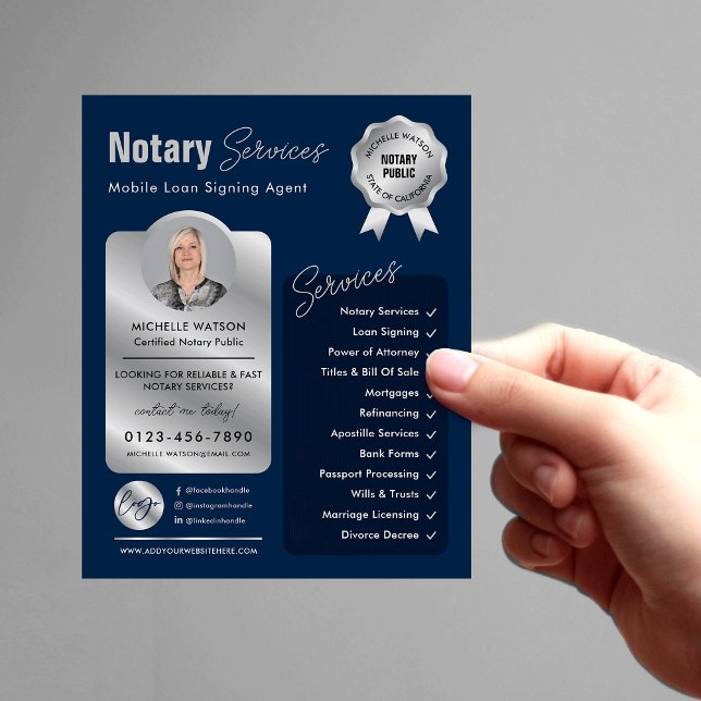 Foton för notary Loan Signing Agent Navy & Silver  Flygblad (Modern navy and silver notary loan signing agent marketing flyer with your custom photo and logo)