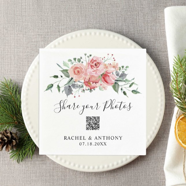  foton för  QR-kod för Rosa ros Bröllop Pappersservett (Skapare uppladdad)