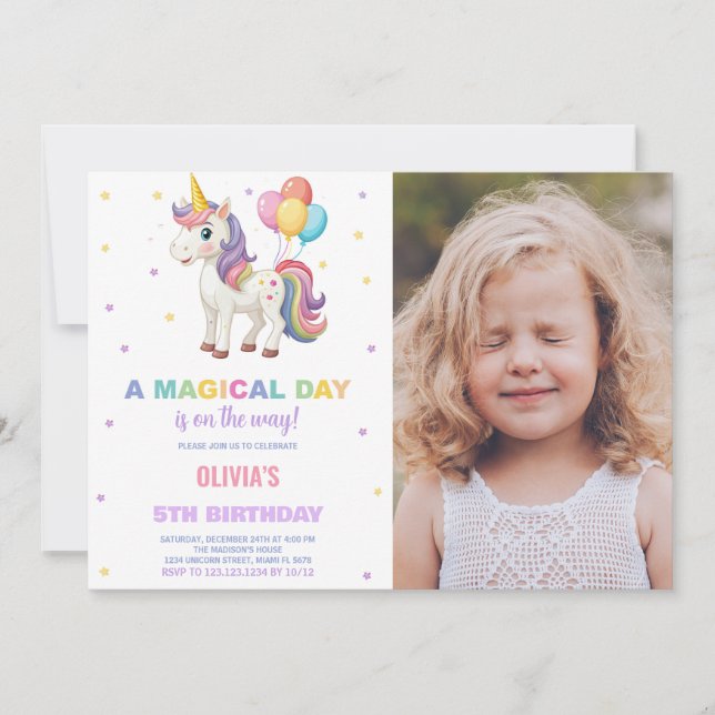 Foton för Rainbow Balloon Unicorn Birthday-inbjudn Inbjudningar (Framsida)