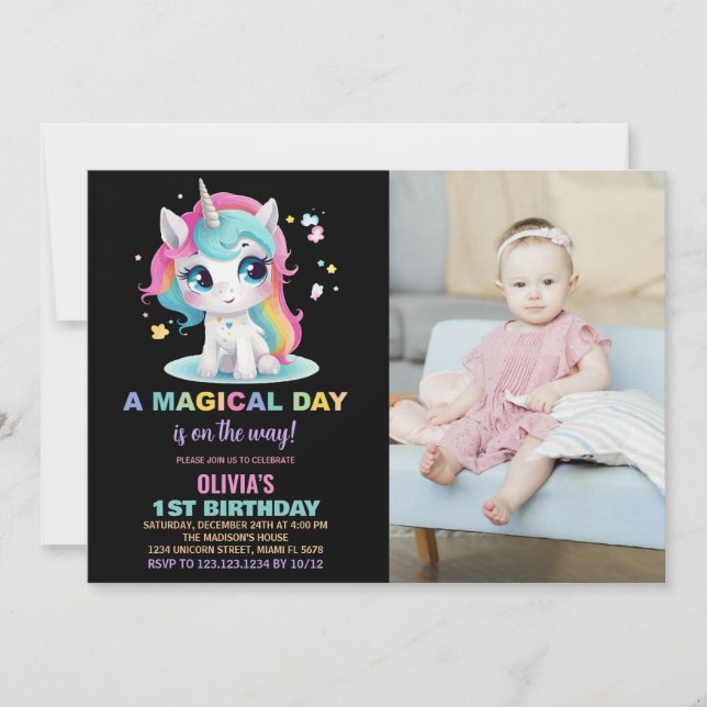 Foton för Rainbow Black Unicorn Birthday-inbjudnin Inbjudningar (Framsida)