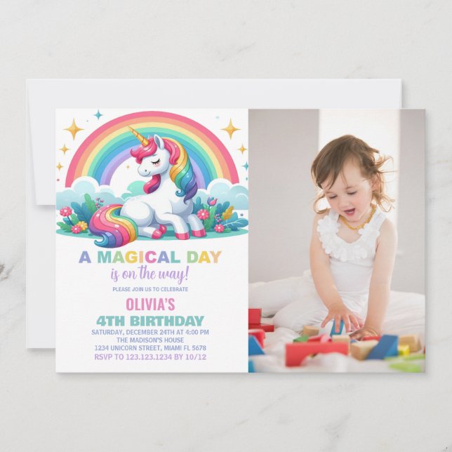 Foton för Rainbow Blommigt Unicorn Birthday-inbjud Inbjudningar (Framsida)