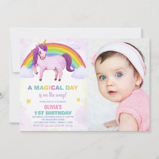 Foton för Rainbow Cloud Unicorn Birthday-inbjudnin Inbjudningar (Framsida)