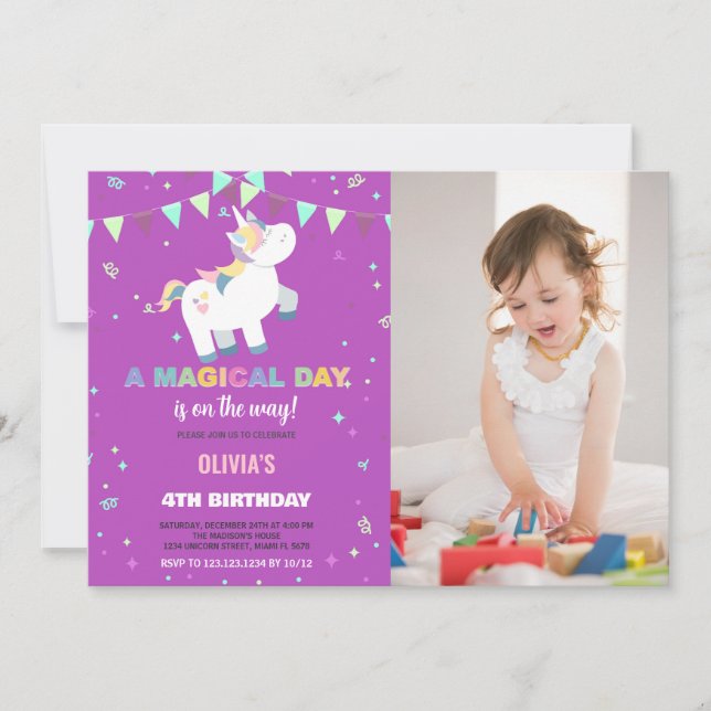 Foton för Rainbow Fly Unicorn Birthday-inbjudninga Inbjudningar (Framsida)