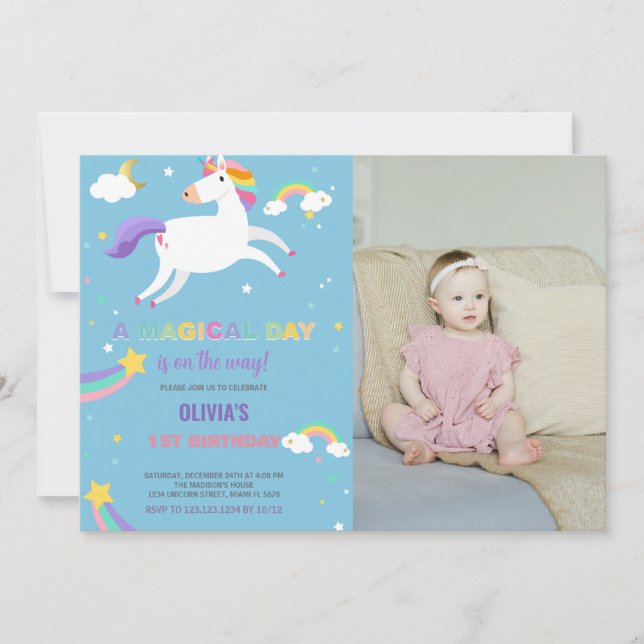Foton för Rainbow Fly Unicorn Birthday-inbjudninga Inbjudningar (Framsida)
