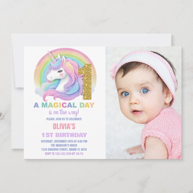 Foton för Rainbow Glitter Unicorn Birthday-inbjudn Inbjudningar (Framsida)