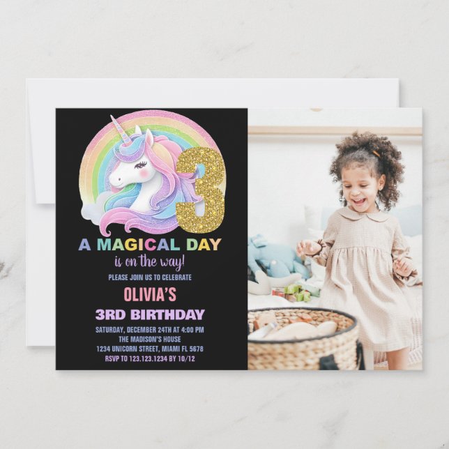 Foton för Rainbow Glitter Unicorn Birthday-inbjudn Inbjudningar (Framsida)