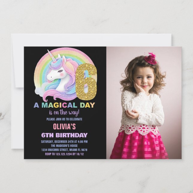 Foton för Rainbow Glitter Unicorn Birthday-inbjudn Inbjudningar (Framsida)