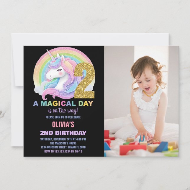Foton för Rainbow Glitter Unicorn Birthday-inbjudn Inbjudningar (Framsida)