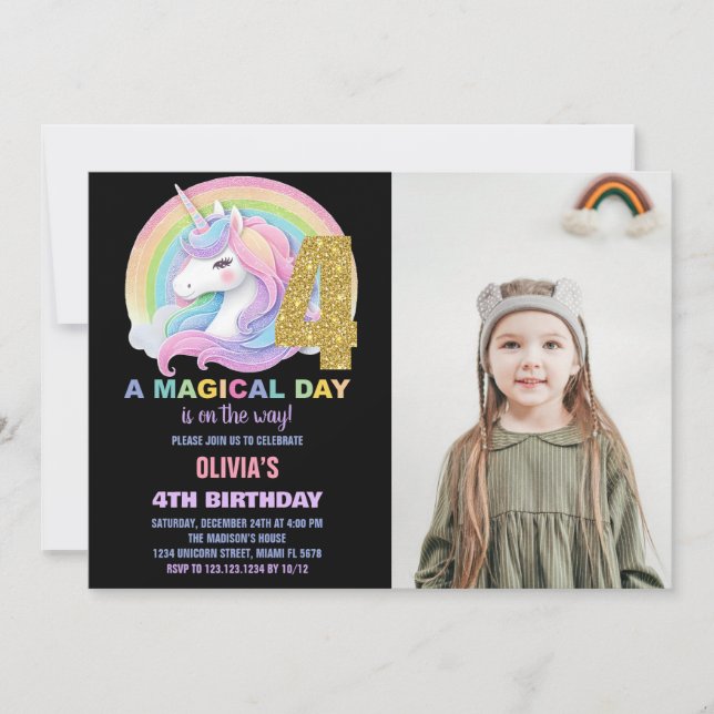 Foton för Rainbow Glitter Unicorn Birthday-inbjudn Inbjudningar (Framsida)