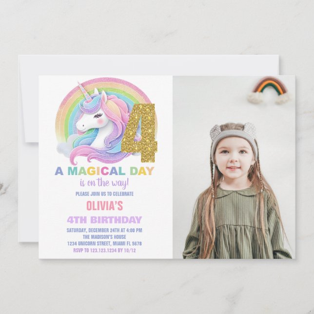 Foton för Rainbow Glitter Unicorn Birthday-inbjudn Inbjudningar (Framsida)
