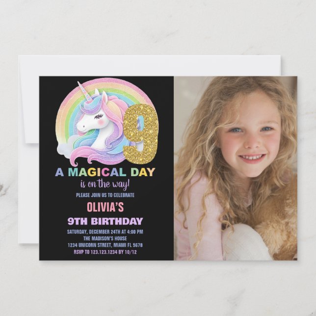 Foton för Rainbow Glitter Unicorn Birthday-inbjudn Inbjudningar (Framsida)
