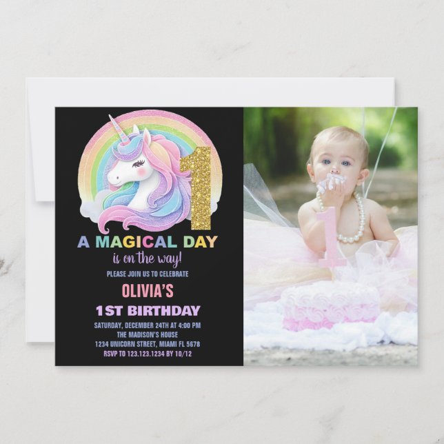 Foton för Rainbow Glitter Unicorn Birthday-inbjudn Inbjudningar (Framsida)