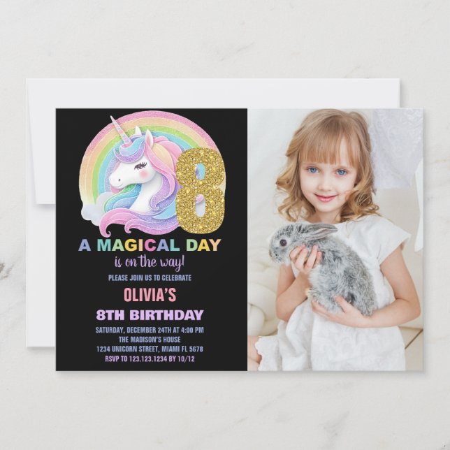 Foton för Rainbow Glitter Unicorn Birthday-inbjudn Inbjudningar (Framsida)