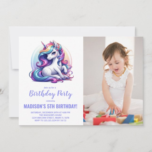 Foton för Rainbow Lila Unicorn Birthday-inbjudning Inbjudningar (Framsida)