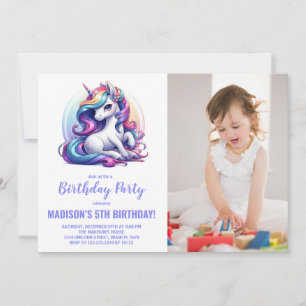 Foton för Rainbow Lila Unicorn Birthday-inbjudning Inbjudningar