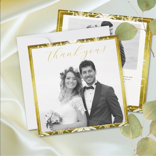 Foton för Retro Guld Grönt Damask Wedding Photo Tack Kort (Skapare uppladdad)