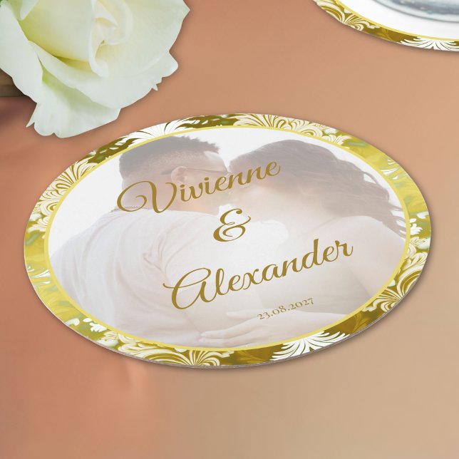 Foton för Retro Guld Grönt Damask Wedding Photo Underlägg Papper Rund (Skapare uppladdad)
