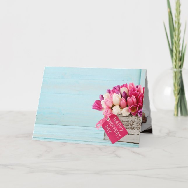 Foton för Rustic Rosa Tulips Box Mors dag Helgkort (Framsida)