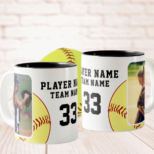 Foton för Softball Player Namn Number Team 2 Foton Två-Tonad Mugg