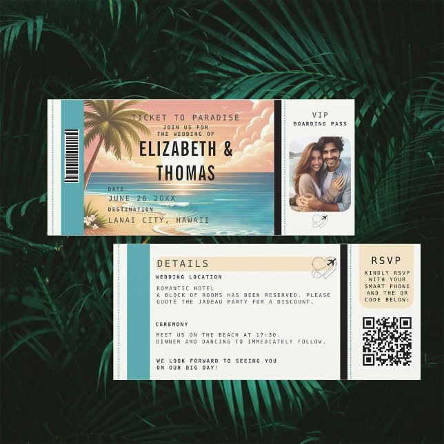 Foton för Tropical Beach Destination Boarding Phot Inbjudningar (tropical beach destination wedding invitation boarding pass qr code all in one watercolor vintage)