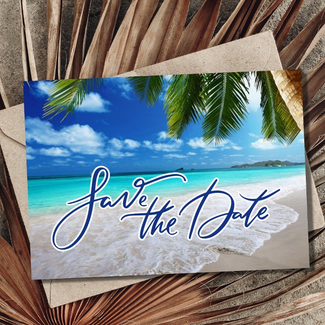 Foton för Tropical Handflatan Beach Destination We Spara Datumet (Tropical Palm Beach Destination Wedding Photo Save The Date)