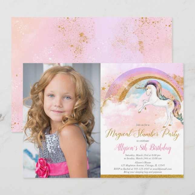 Foton för Unicorn slumme party-regnbåge Inbjudningar (Fram/baksida)