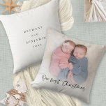 Foton för vår första julskript i Twillingarna Baby Kudde<br><div class="desc">Vår första julskript Baby Twillingar Photo Namn Year. Ett lekfullt skript för vår första jul och som är lätt att anpassa med ditt babys namn och året på andra sidan och som ersätter exempelfotot på framsidan med ditt eget. Ett övertäckt övertäckt lagrar ligger ovanpå fotot så det tonas ut när...</div>