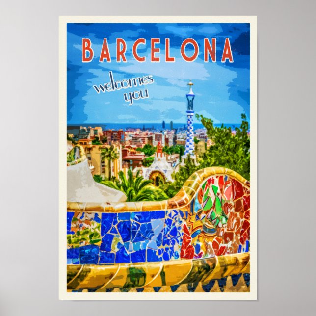 Foton från Barcelonaparken Guell Vintage resor Poster (Framsidan)