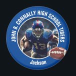 Foton från Blue High School Football Player Magnet<br><div class="desc">Den här coolan har anpassat fotbolls-spelarens fotobrännmagnet i blått med vit typografi av ditt lag och namn. Anpassa med idrottsmannen namn bredvid boll.</div>