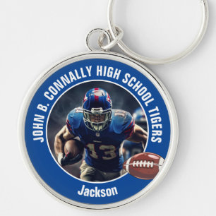 Foton från Blue High School Football Player Rund Silverfärgad Nyckelring