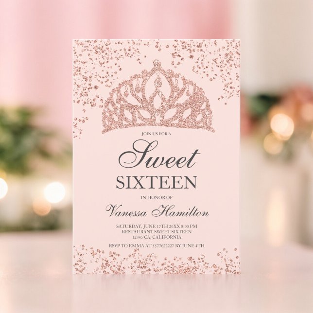 Foton från ro glitter,  krona tiara Sweet 16 Inbjudningar (Rose gold glitter photo blush crown tiara Sweet 16 Invitation)