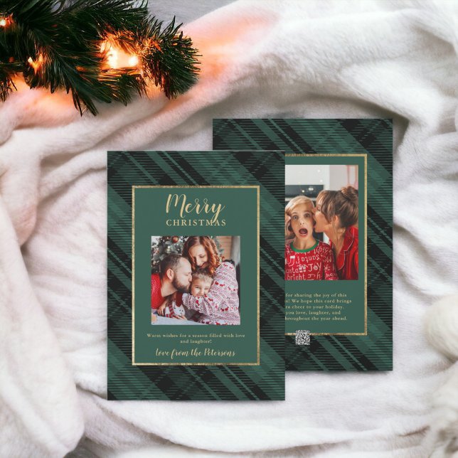Foton från Rustic Play Grönt Guld God jul 2 Foton Julkort (Rustic Plaid Green Gold Merry Christmas 2 Photos Holiday Card)