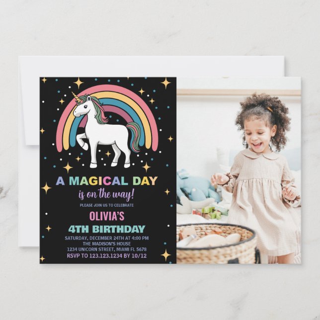 Foton från Stars Rainbow Unicorn Birthday-inbjudni Inbjudningar (Framsida)