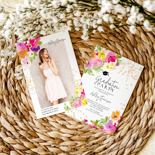 Foton från studenten i Botaniska blommigt glitter Meddelande (Botanical floral Gold glitter photo graduation Announcement)