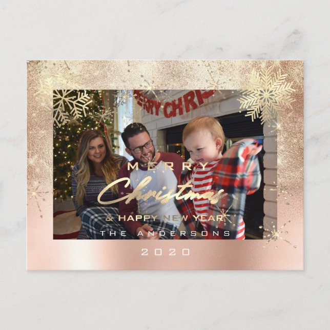 Foton god jul Lycklig år Guld Snö Glitter Vykort (Framsida)