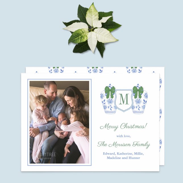 Foton i familjen Monogram Grönt Blue Ginger Burk Julkort (Elegant Monogram Green Blue Ginger Jars Family Photo Christmas Card)