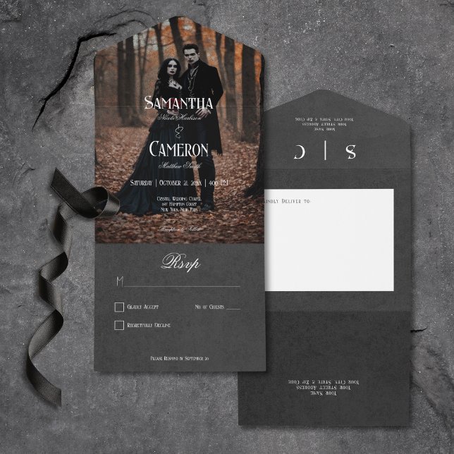 Foton, ingen middag, för gotisk Moody svart Elegan (Gothic Moody Black Elegant Photo All In One Wedding Invitation without Dinner Options)