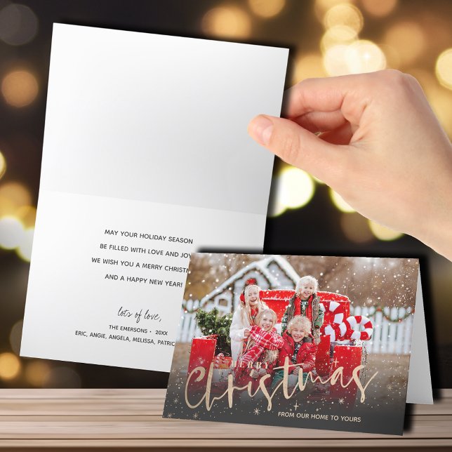 Foton med guld God jul Helgkort (Gold Merry Christmas script folded photo holiday cards)
