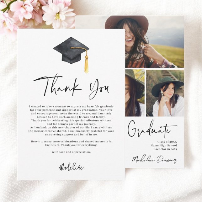 Foton och bild av elegant Studenten Tack Kort (Elegant Graduation Photos and Cap Illustration Thank You Card)