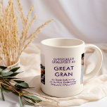 Foton och födelseattentat av Underbar Gran 2 Anpas Kaffemugg<br><div class="desc">Modern håller fotot mugg för ett nytt underbart mormor. Utformningen har en grönt- och vit färg-palett med skrivtext och modern typografi. Mallen är utformad så att du kan lägga till två foton, den nya titeln för underbara program (underbar grammi, gee, underbart program osv.) samt exakt tid och datum som hon...</div>
