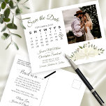 Foton och kalender för ivoriansk vit Blommigt Spar Meddelande Vykort<br><div class="desc">Det här roliga bröllop spara datum-vykortet har en elegant blommigt med vattenfärg med en bukett av vackert handmålat ro och blommar i skugga av elfenben, vitt och grädde. På den lämnat sidan av kortet finns en anpassade med ett hjärta runt datumet i bröllop, liksom plats för namn, plats och en...</div>