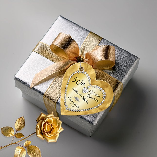 Foton över 50-årsjubileet Bröllop Guld Diamonds Gåvor Etiketter (50th Wedding Anniversary Gold Tone and Faux Diamonds Photo Favor Tags)