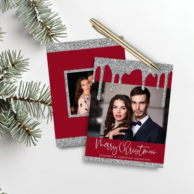 Foton över Silver-Glitter-diskar i julklapp (Budget Christmas Red Silver Glitter Drips Photo Holiday Card)