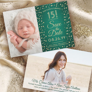 Foton Quinceañera Grönt & Guld Glitter Spara Datumet