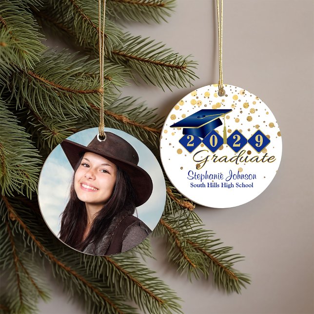 Foton studenten Blue och Guld 20xx Photo Julgransprydnad Keramik (Graduation Blue and Gold Photo Ceramic Ornament)