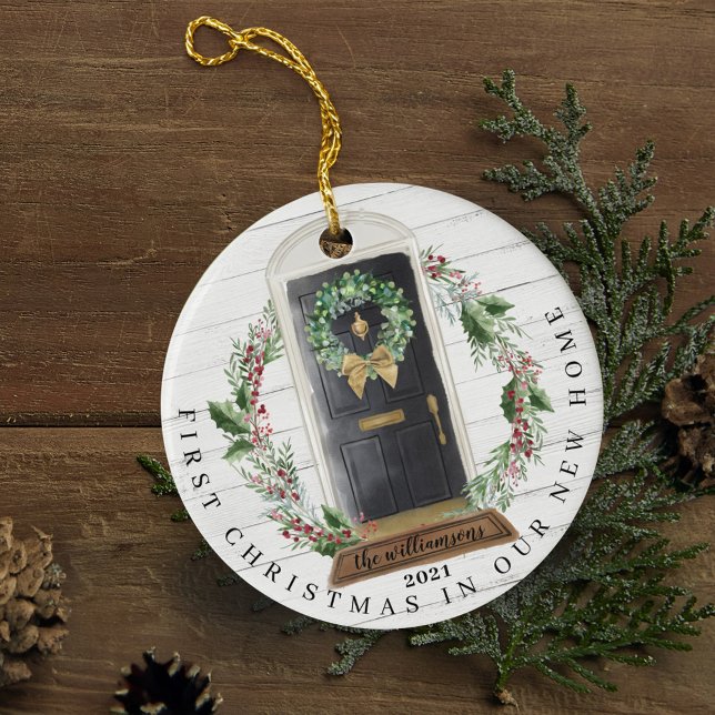 Foton till den nya, svarta, hemmavågsfärgsduken julgransprydnad keramik (Christmas New Home Black Watercolor Door Photo Ceramic Ornament)